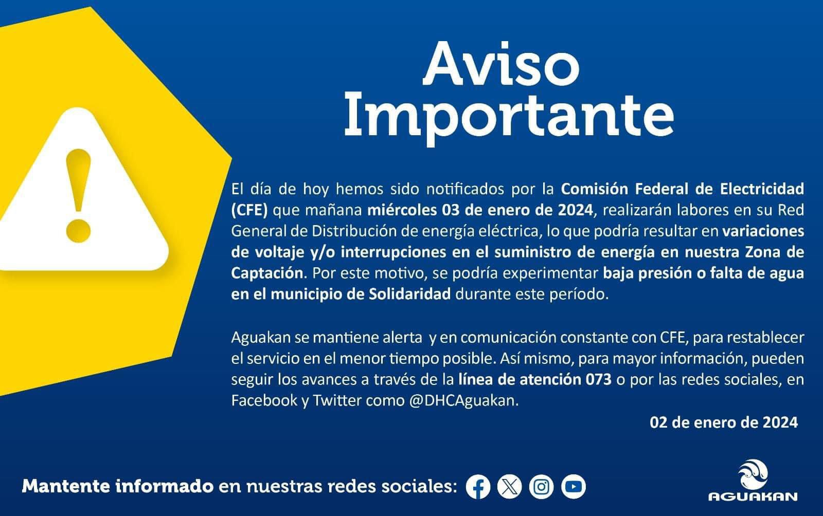 Sin servicio de Agua Potable en Playa del Carmen por mantenimiento de la CFE, anuncia Aguakan