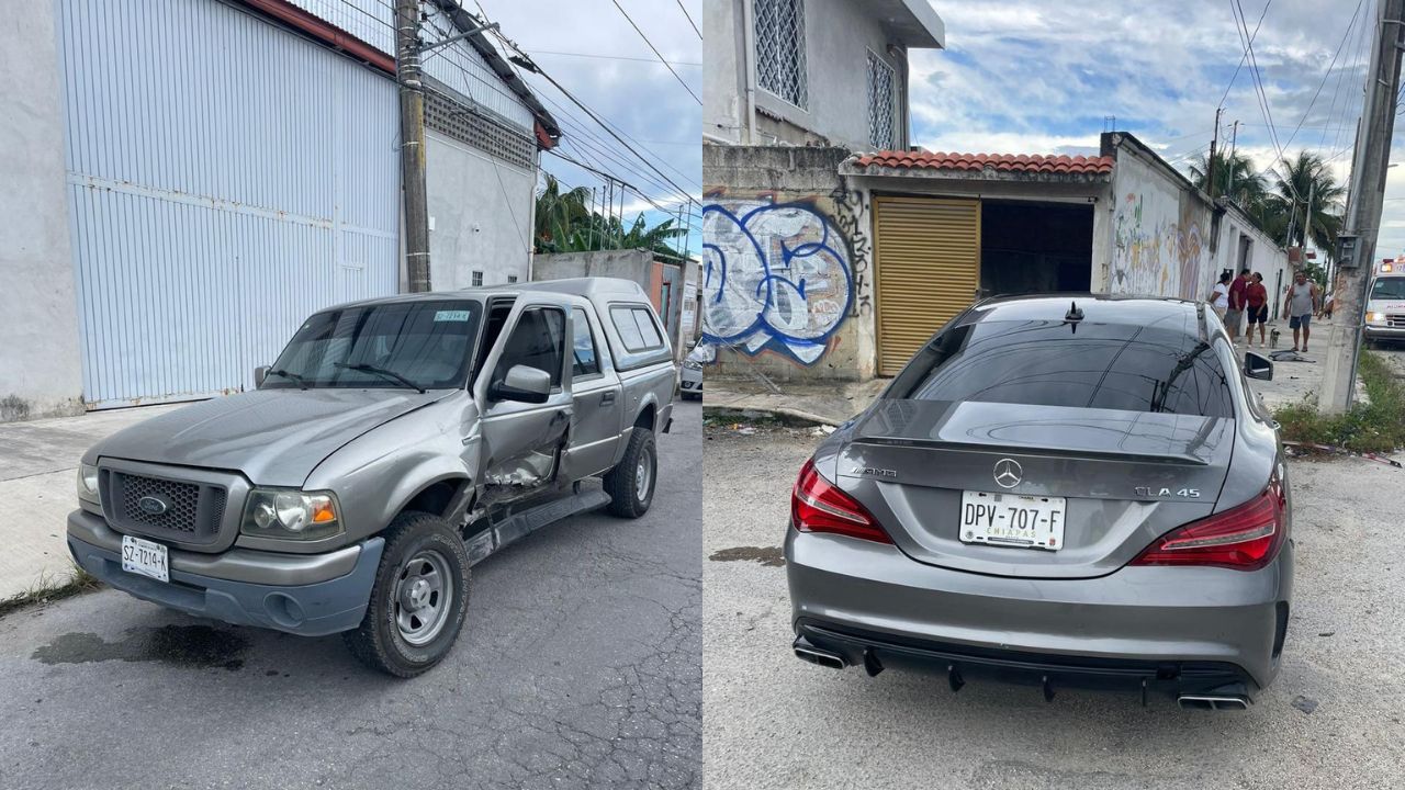 Chocan dos automóviles sobre la avenida Rancho Viejo en Cancún