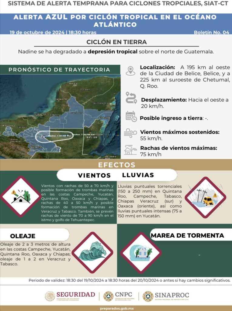 Anuncian Alerta Azul en Quintana Roo tras paso de tormenta tropical Nadine