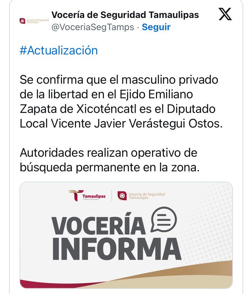 Secuestran en Tamaulipas al diputado Vicente Verástegui Ostos