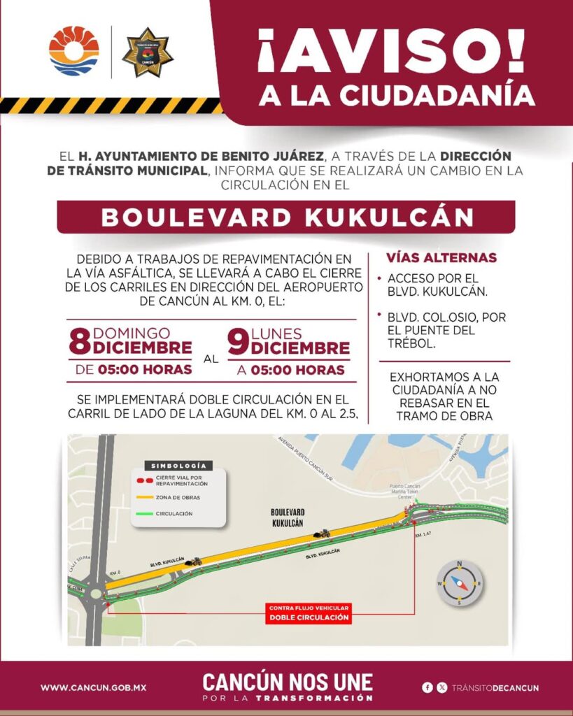 Realizarán cambio de circulación provisional en el Boulevard Kukulkán de Cancún