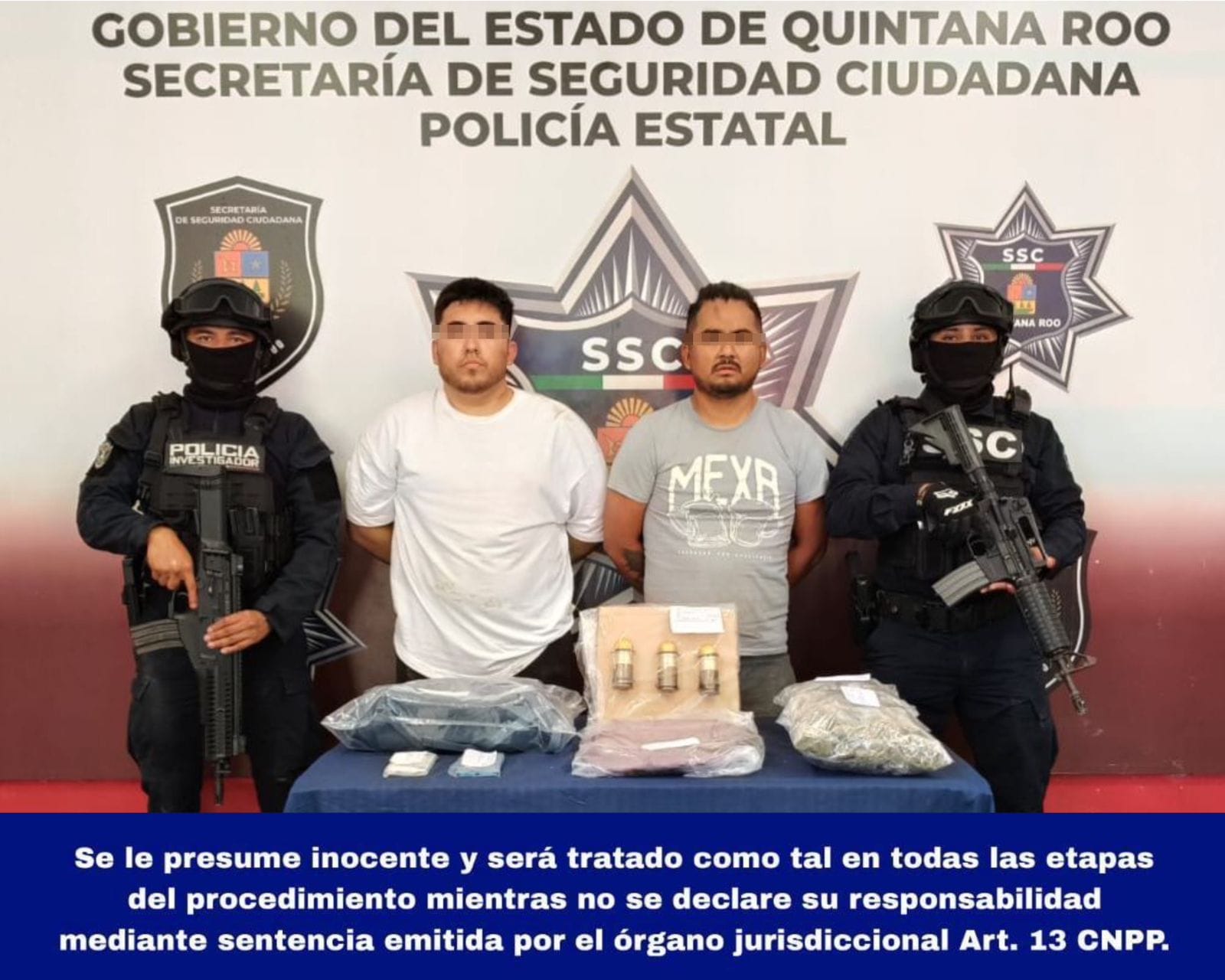 La policía de Seguridad Pública detuvo a dos hombres con tres granadas y 205 dosis de marihuana en las calles de Chetumal, muy cerca del Aeropuerto.