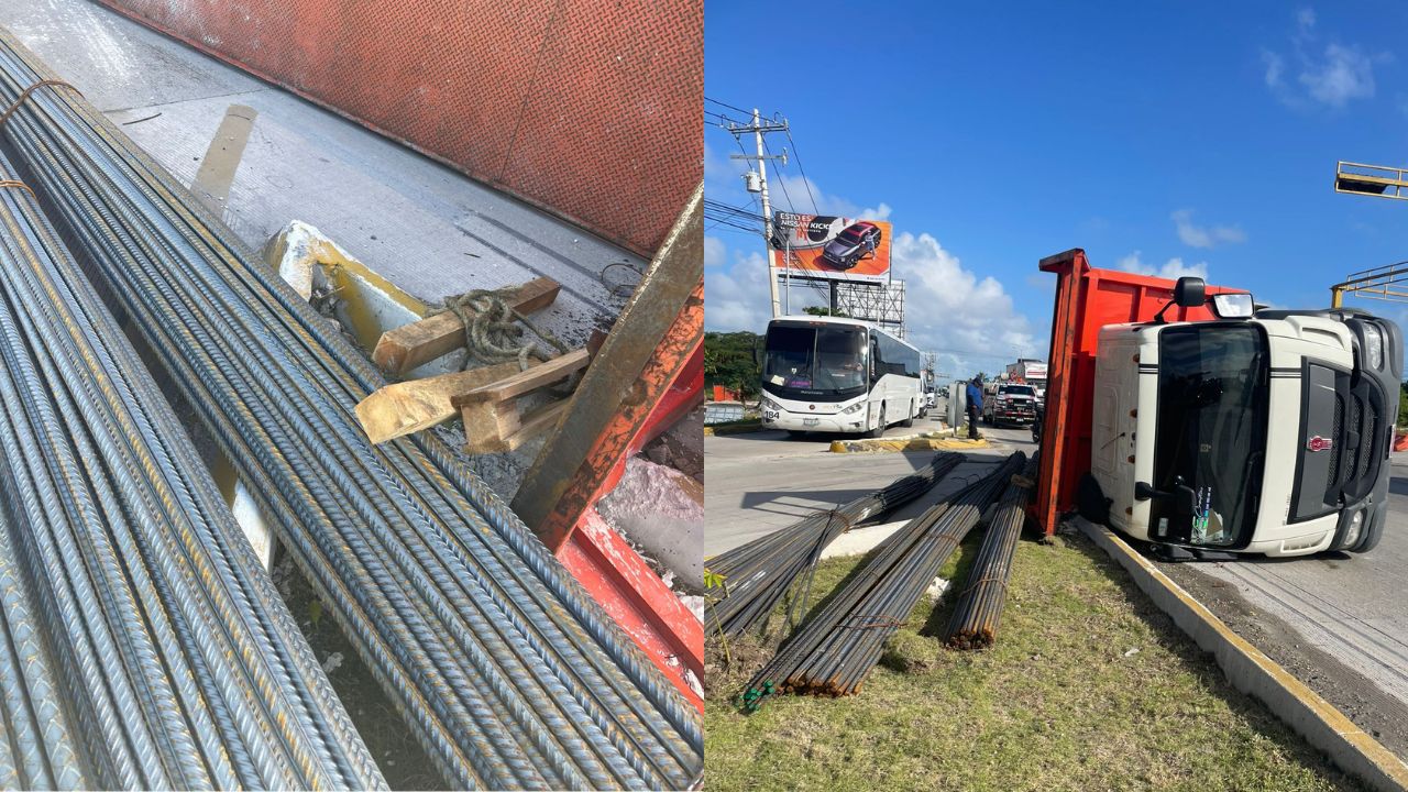 Vuelca camión en el Boulevard Colosio, en Cancún