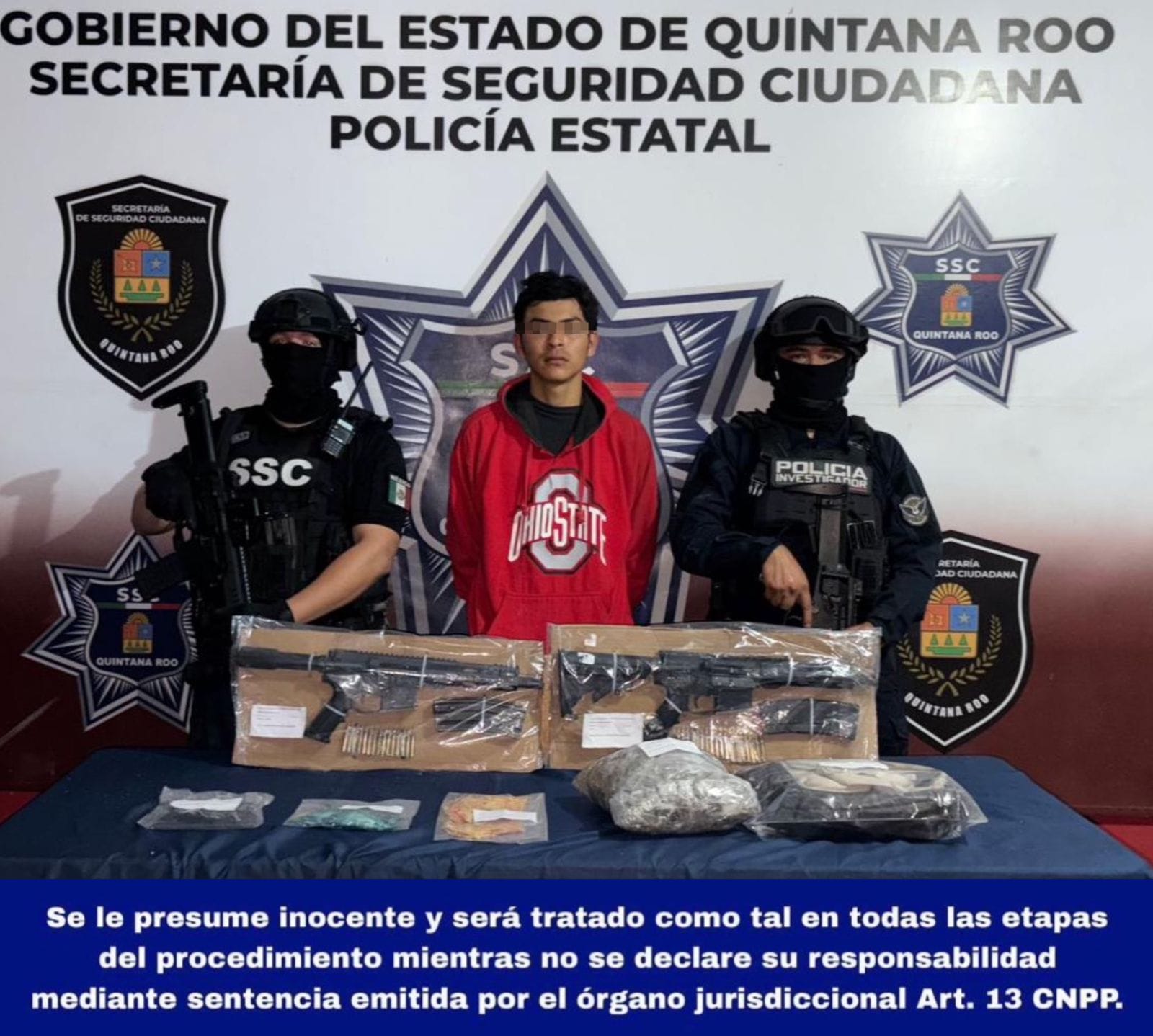En Cancún fue detenido y consignado como presunto implicado en delitos contra la salud y por violación a la Ley Federal de Armas de Fuego y Explosivos, Ricardo Adrián “N” (a) "El Flaco".