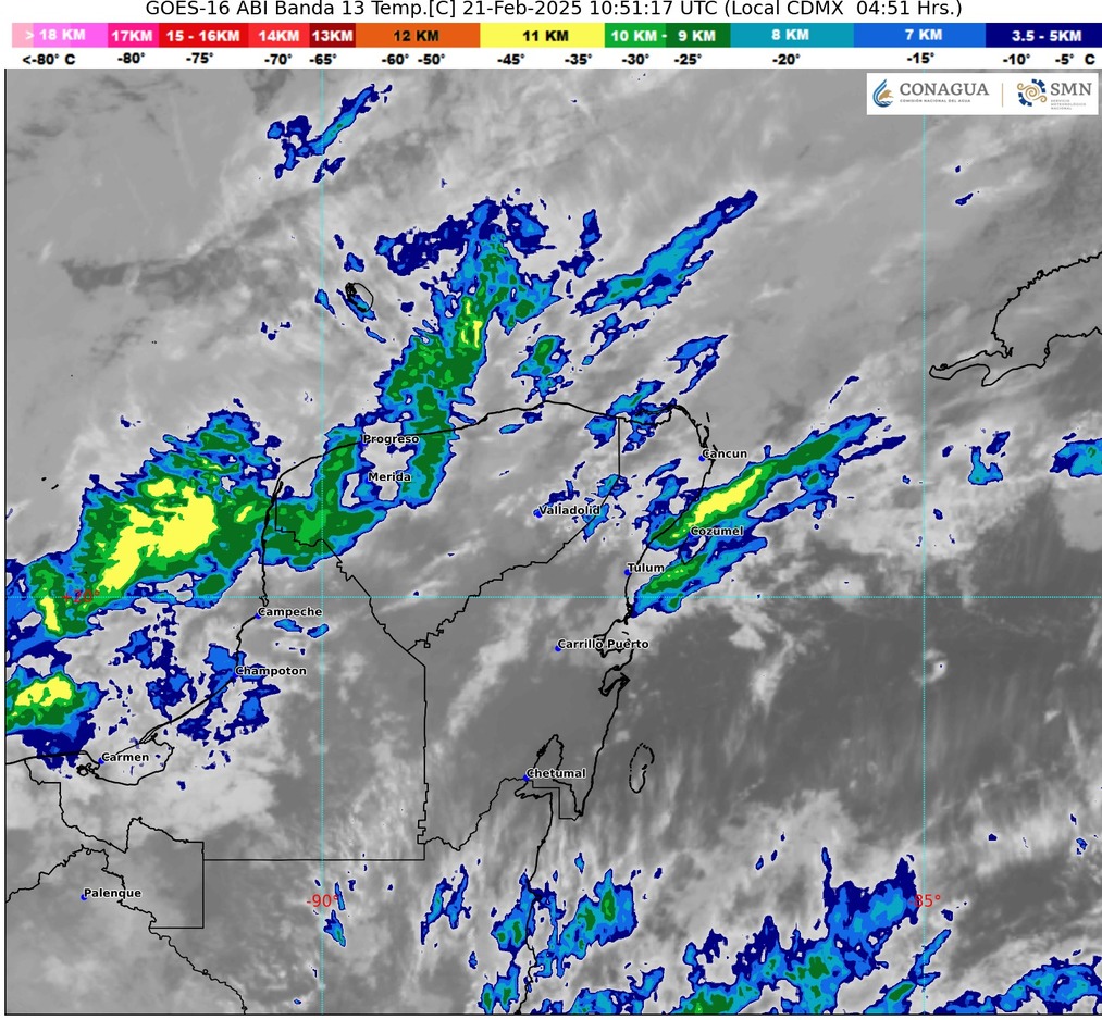 Lluvias puntuales fuertes y un ambiente diurno caluroso y cálido a templado al amanecer hoy en Quintana Roo.