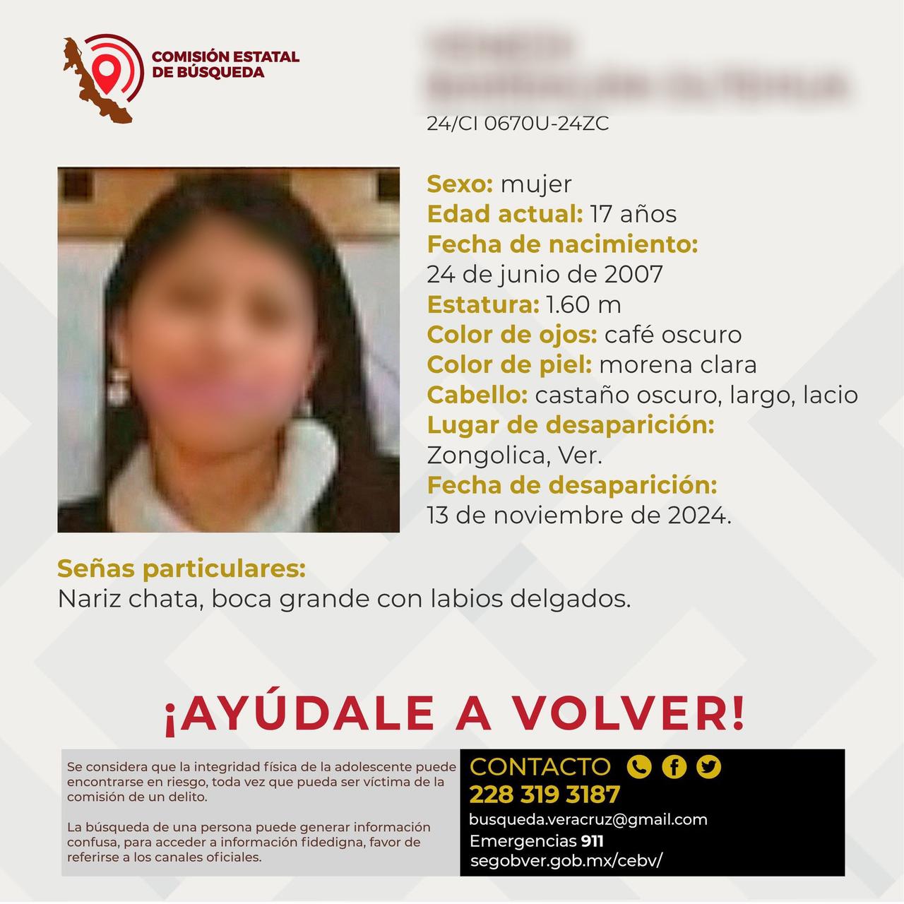 La adolescente de 17 años de edad, en la ficha de búsqueda y localización advierte que está en peligro y desapareció sin dejar rastro del pueblo San José Chineneapa, Veracruz