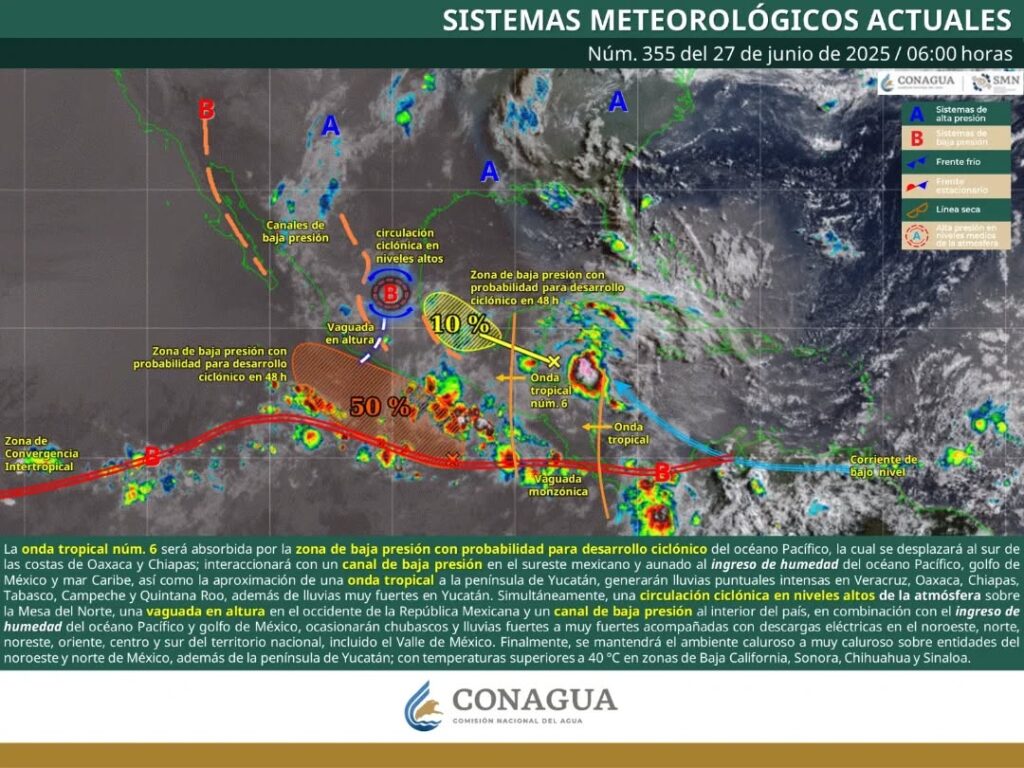 Una onda tropical a la península de Yucatán, generarán lluvias puntuales intensas en Veracruz, Oaxaca, Chiapas, Tabasco, Campeche y Quintana Roo, además de lluvias muy fuertes en Yucatán.
