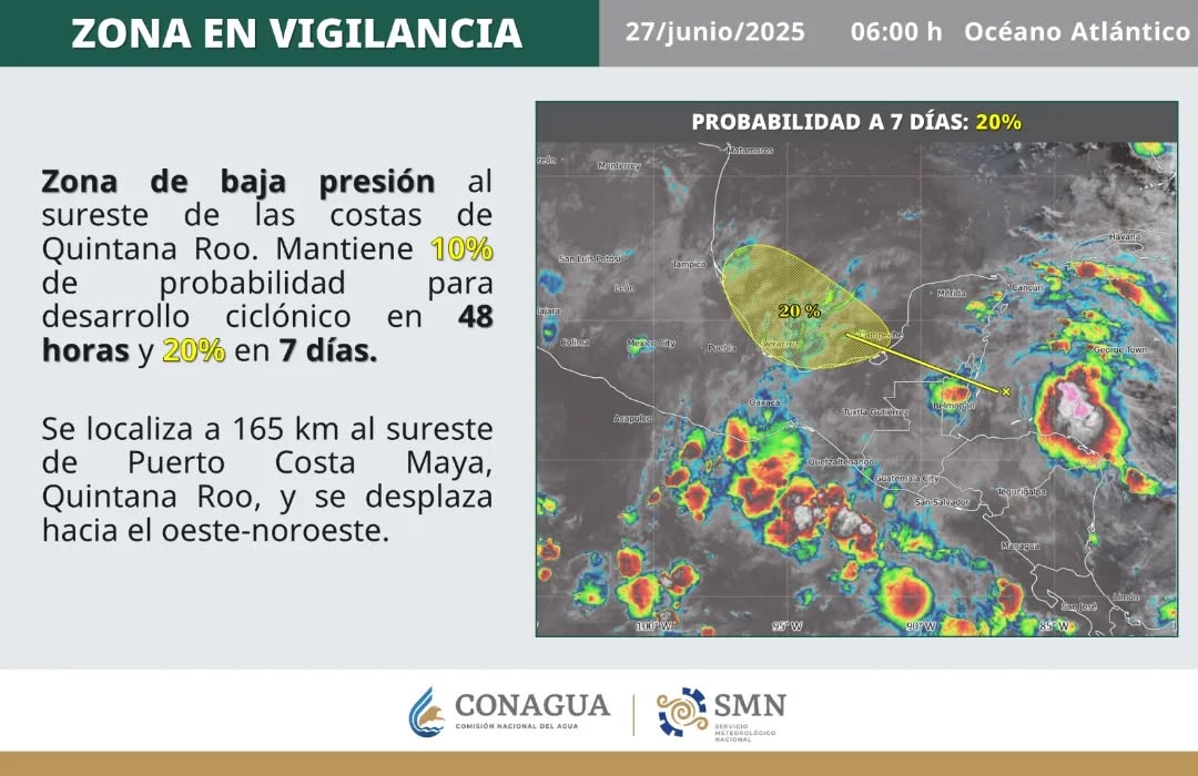 La Zona de Baja Presión mantiene 10% de probabilidad para desarrollo ciclónico en 48 horas y 20% en 7 días y se localiza a 165 km aI sureste de Puerto Costa Maya