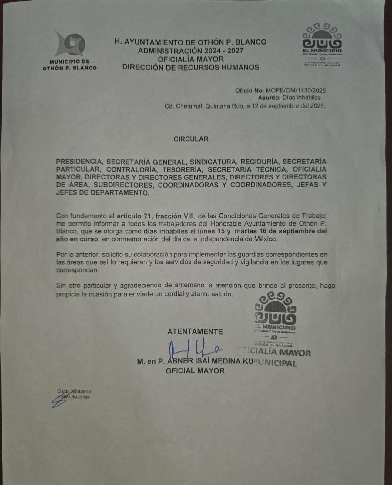 Con ello los trabajadores descansarán el lunes 15 y el martes 16 de septiembre de septiembre para festejar la Lucha de Independencia de México