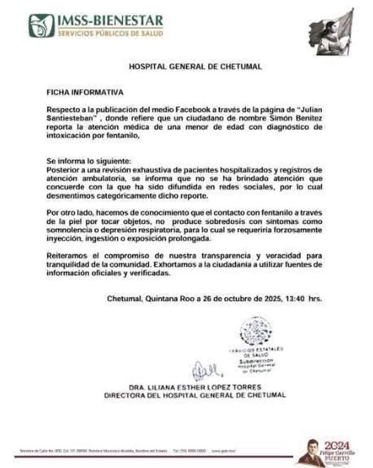 Comunicado que desmiente supuesto fentanilo en adolescente de 14 años en Chetumal que acudió a la Expofer