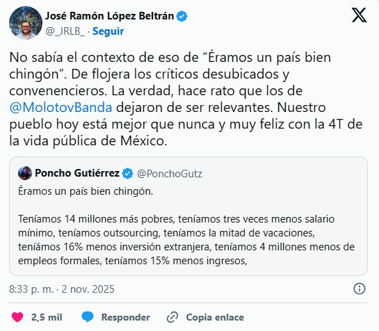 José Ramón López Beltrán arremete contra Molotov tras su crítica a la 4T.
