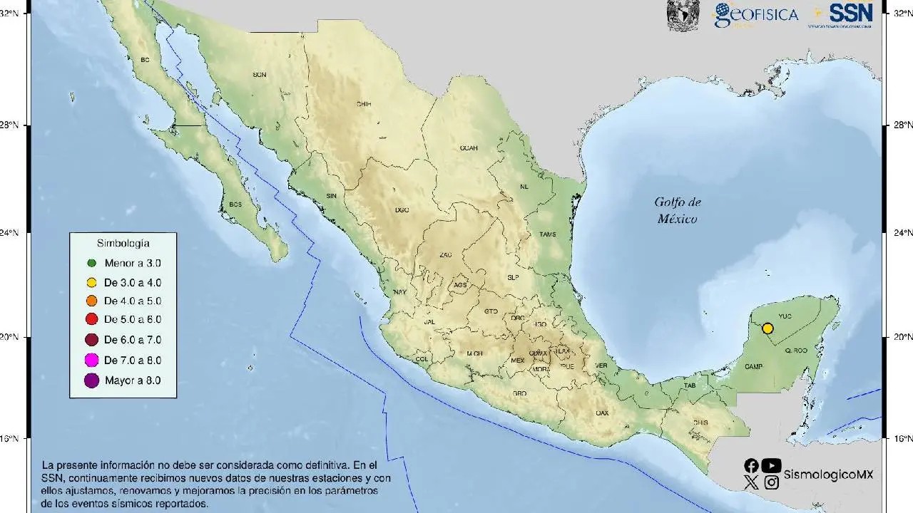 Se registraron dos eventos sísmicos, uno de ellos a las 03:44 horas, con magnitud 3.5; mientras que el segundo se registró a las 3:46 horas; ambos a 17 km al sur de Muna, Yucatán