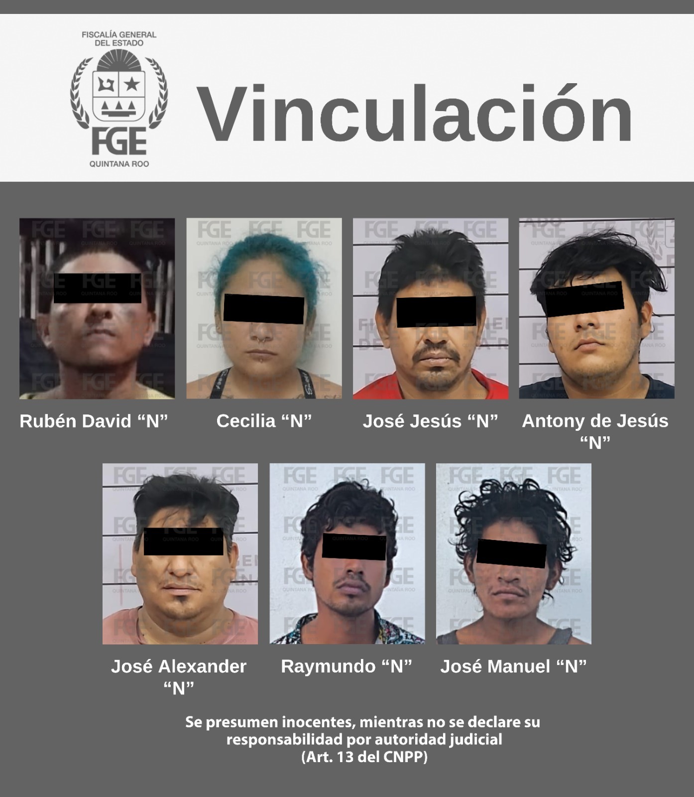 En la cárcel para su respectivo proceso penal ingresaron José Jesús “N”, José Alexander “N”, Antony de Jesús “N”, José Manuel “N”, Raymundo “N” y Cecilia “N”.