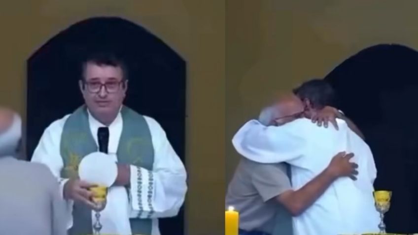 Abuelito en misa conmueve al abrazar a sacerdote tras enterarse de la muerte de su nieto