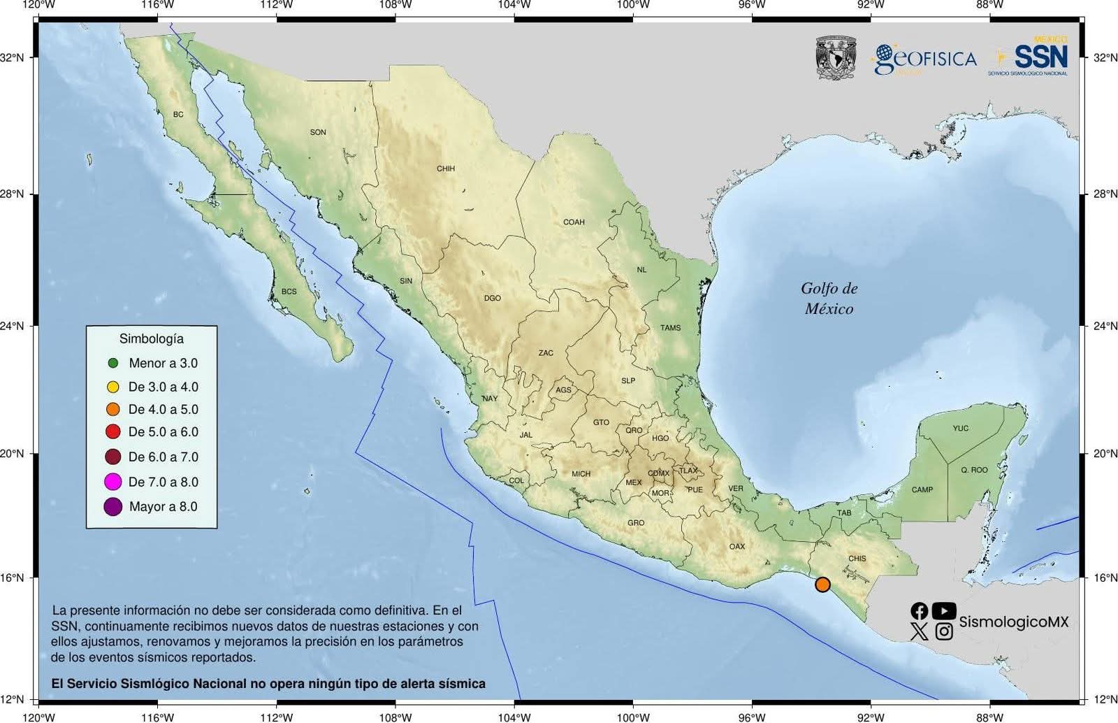 Registran temblor de 4.0° en Tonalá Chiapas, tras actividad sísmica reciente