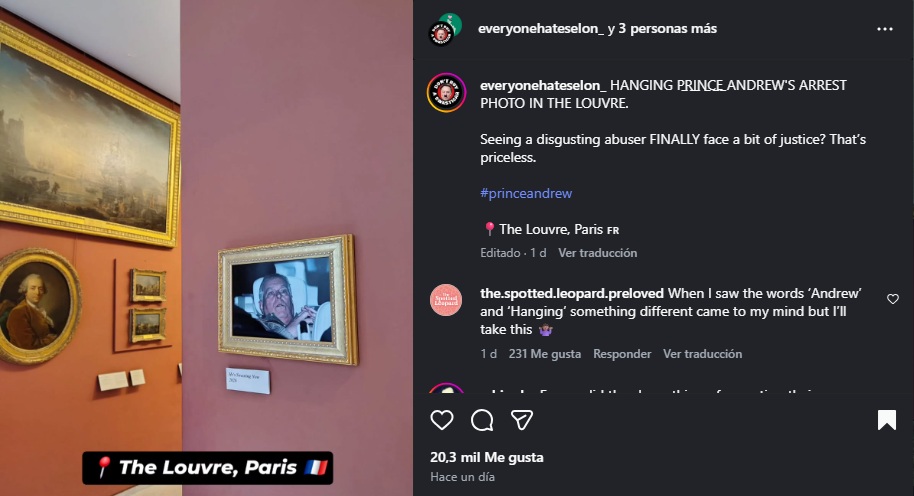 Activistas colocan foto del arresto del expríncipe Andrés en el Louvre y generan polémica en redes