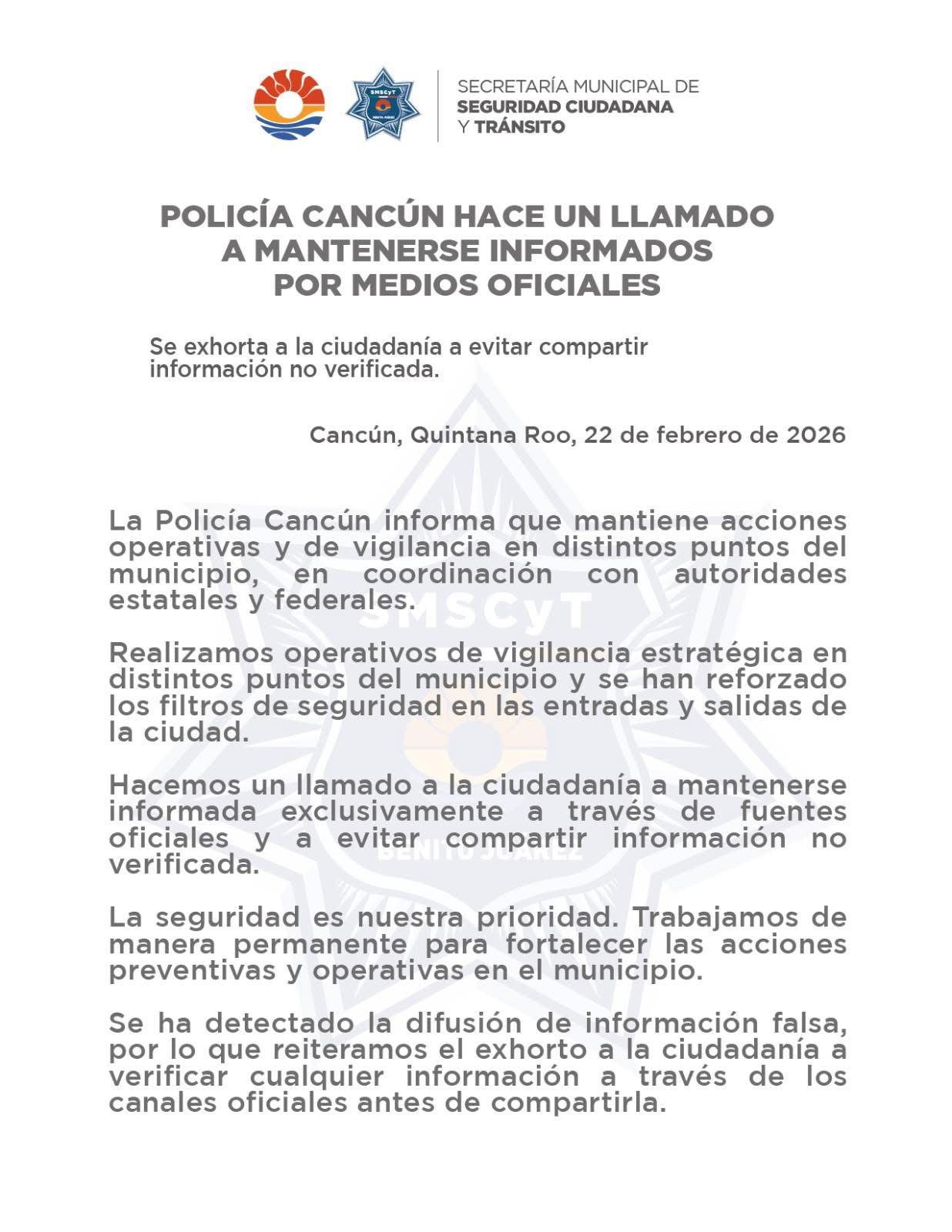 Aviso de seguridad en Cancún