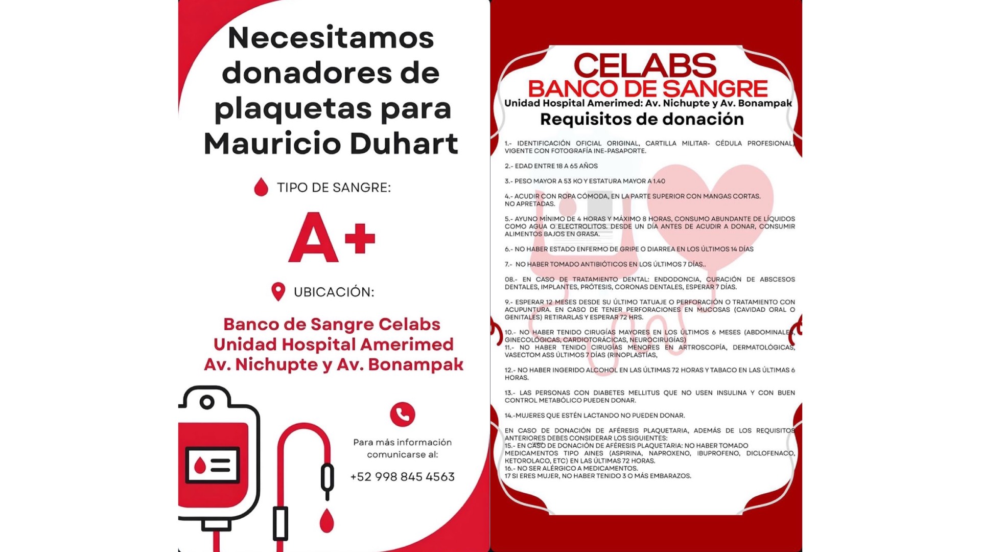 Donacion de plaquetas para Mauricio Duhart