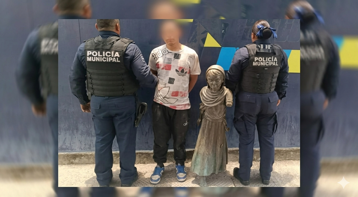 Policías municipales de San Juan del Río arrestaron a un hombre que intentó ocultar un monumento público bajo su ropa.
