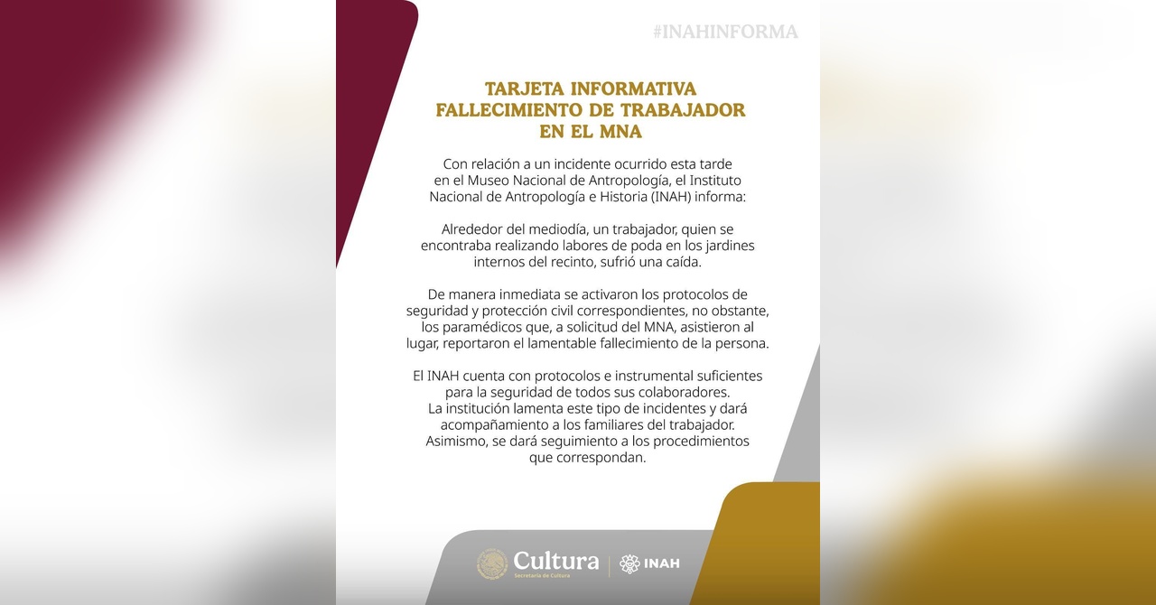 Un empleado falleció este día al caer mientras realizaba labores de poda en los jardines del MNA.
