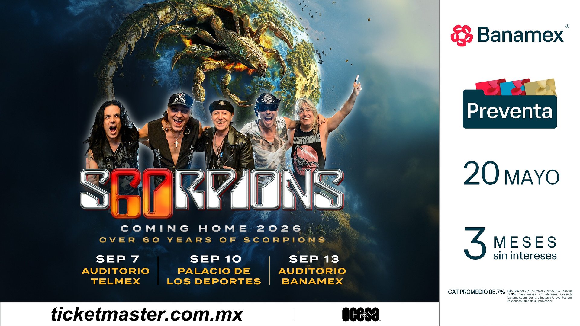 Scorpions confirma conciertos en México para septiembre 2026 dentro de su gira de aniversario de 60 años.