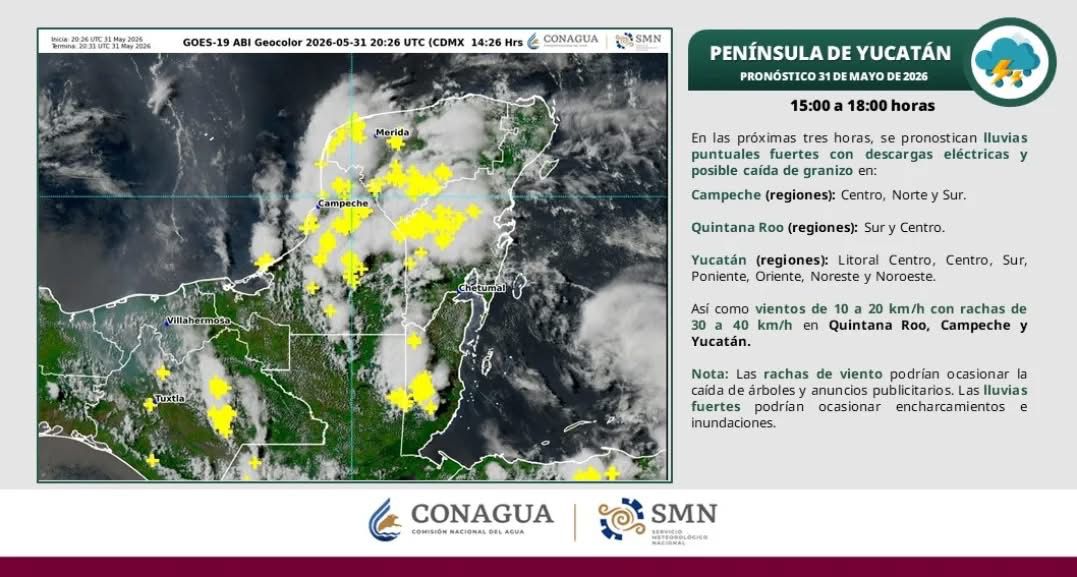 El SMN prevé chubascos, descargas eléctricas y rachas de viento de hasta 40 km/h en cuatro municipios del estado.