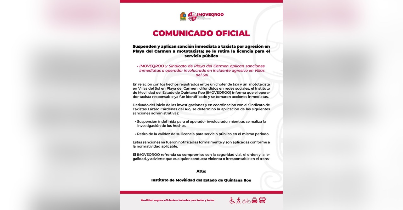 Retiran licencia a taxista de Playa del Carmen tras agredir a mototaxista