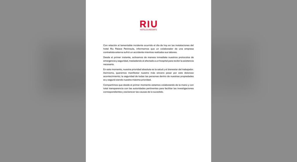 La cadena hotelera RIU emitió un comunicado oficial tras el incidente en su obra de Cancún y descartó víctimas fatales.
