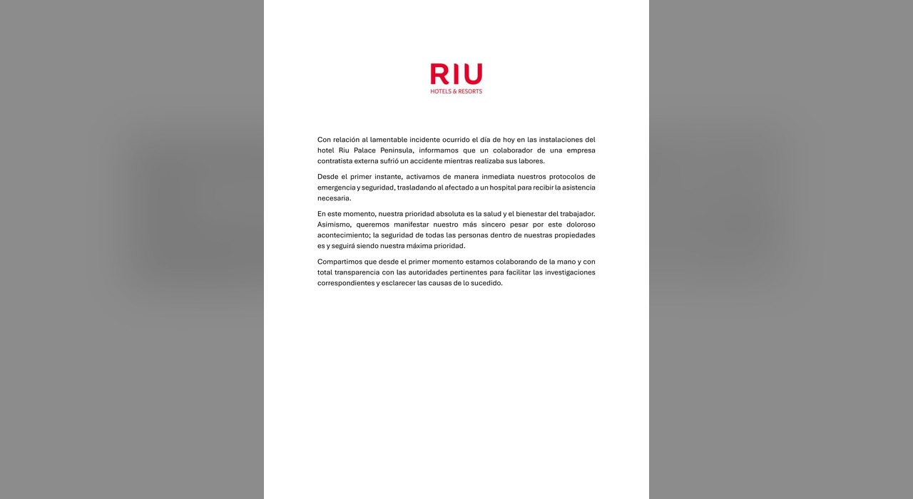 La cadena hotelera RIU emitió un comunicado oficial tras el incidente en su obra de Cancún y descartó víctimas fatales.