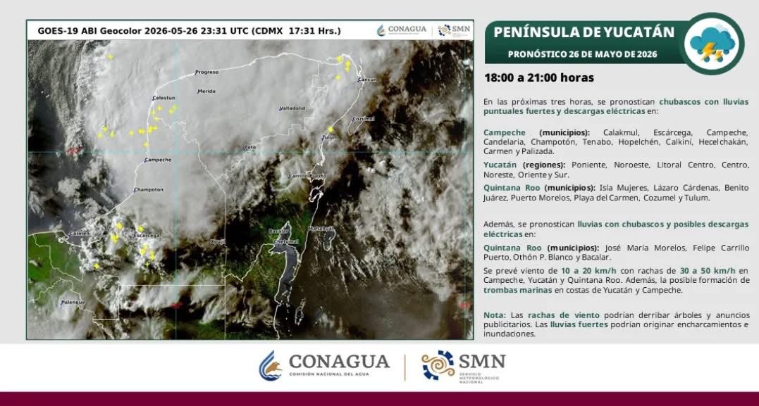 El SMN advierte chubascos, descargas eléctricas y vientos de hasta 50 km/h en nueve municipios de Quintana Roo