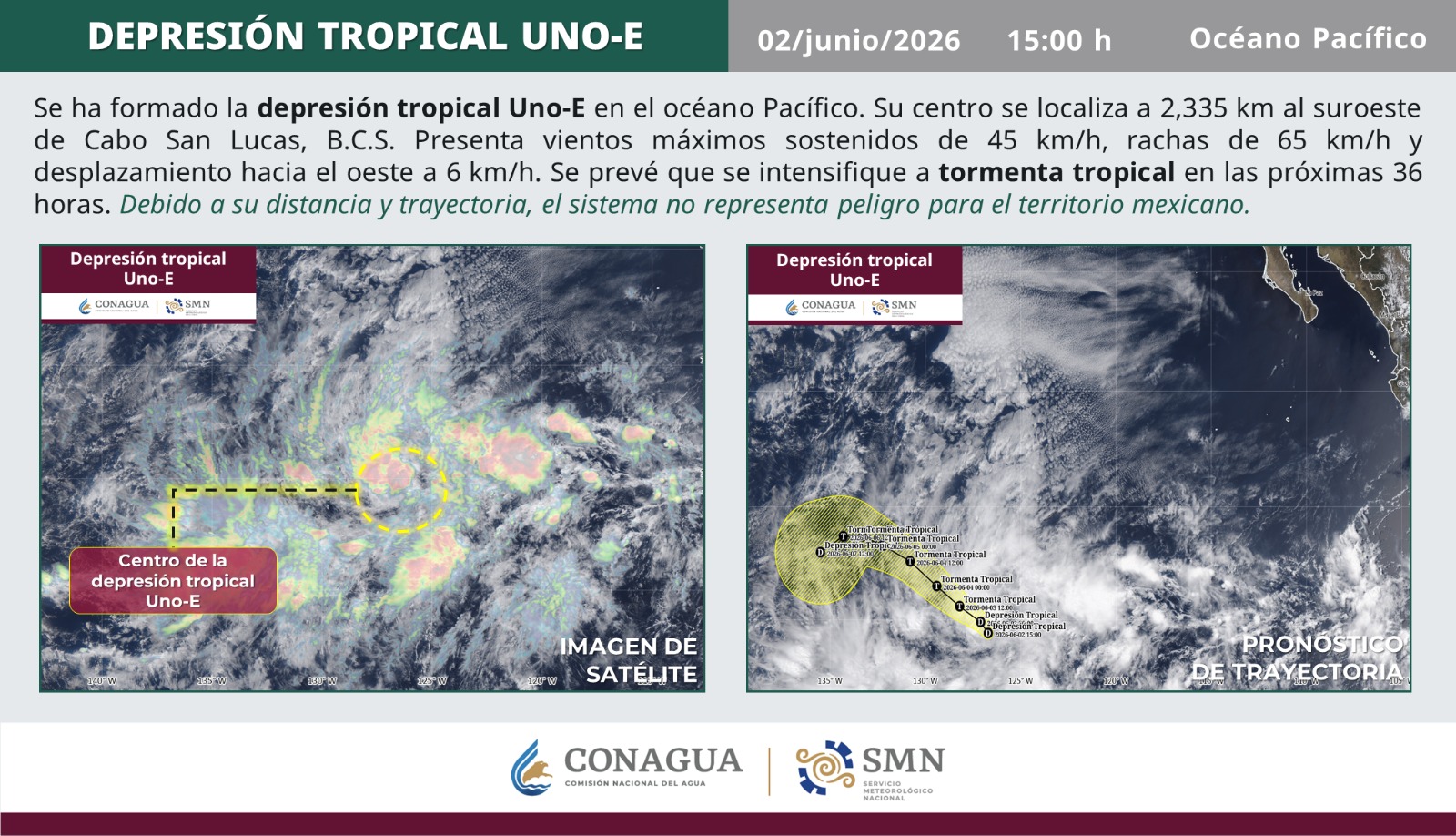 La depresión tropical Uno-E surgió este 2 de junio en el Pacífico y apunta a convertirse en tormenta tropical Amanda.