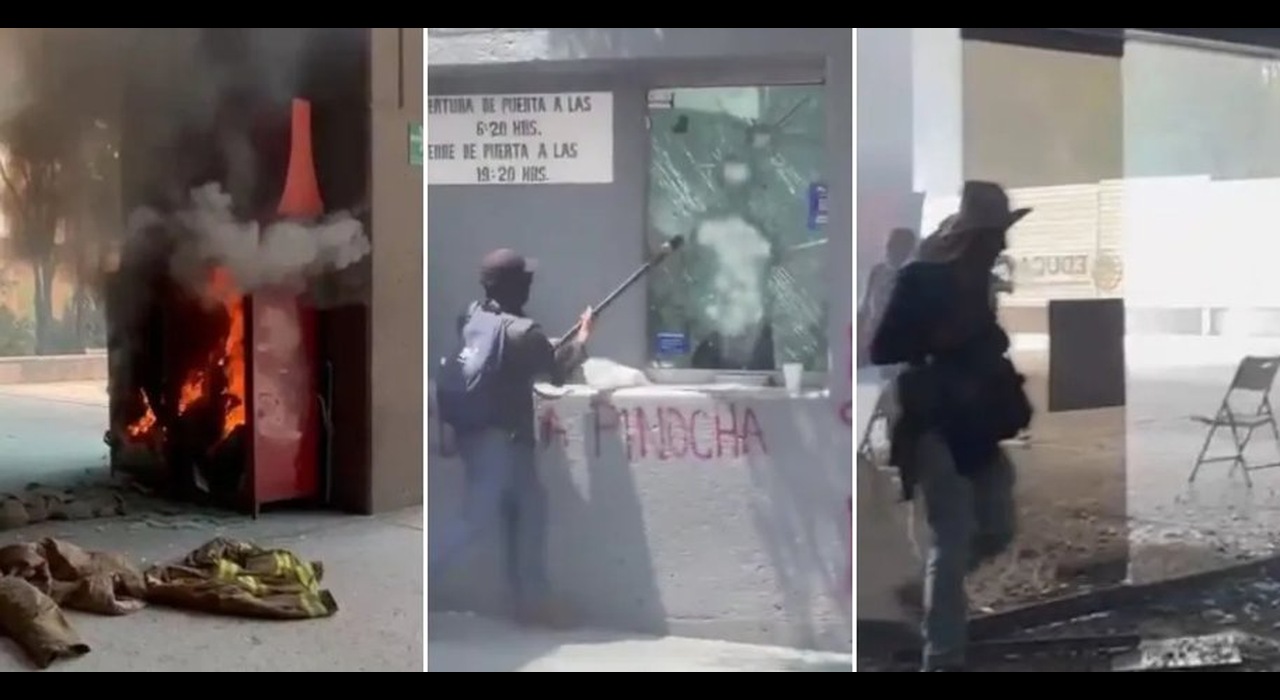 Grupo con rostros cubiertos forzó acceso a oficinas de la SEP en Av. Universidad; rompieron vidrios y encendieron fuego.