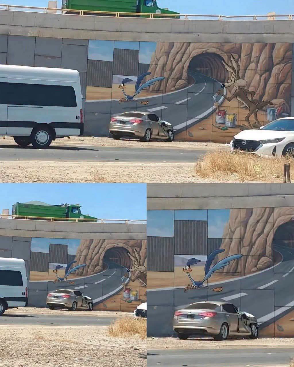El plan del Coyote funcionó… pero en Monterrey: conductora choca contra un mural de túnel