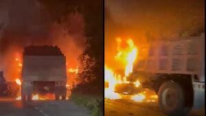 Volquete se incendia sobre la carretera Tulum-Cobá